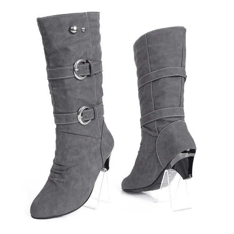 Plush lined wide calf mid heels boots with buckles