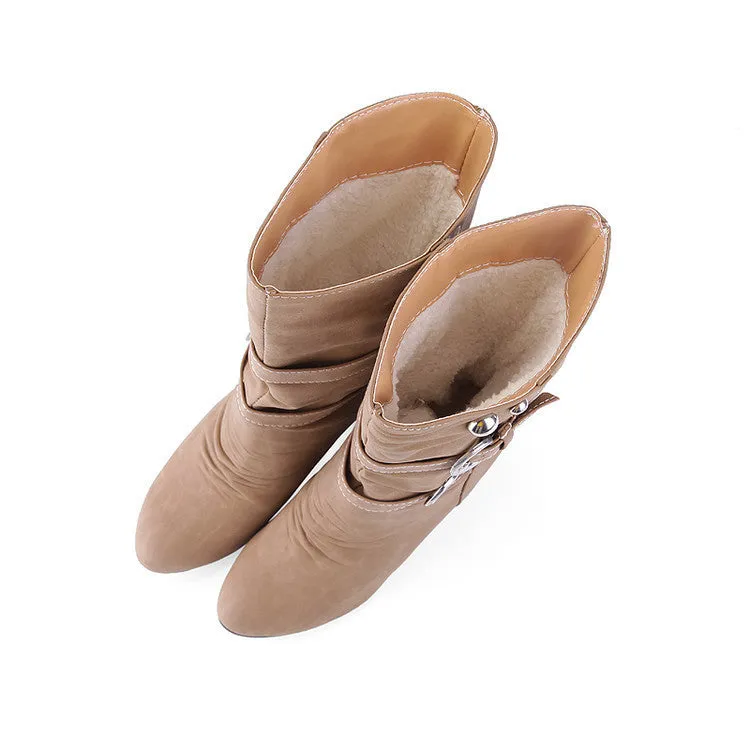 Plush lined wide calf mid heels boots with buckles