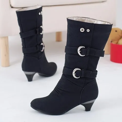 Plush lined wide calf mid heels boots with buckles