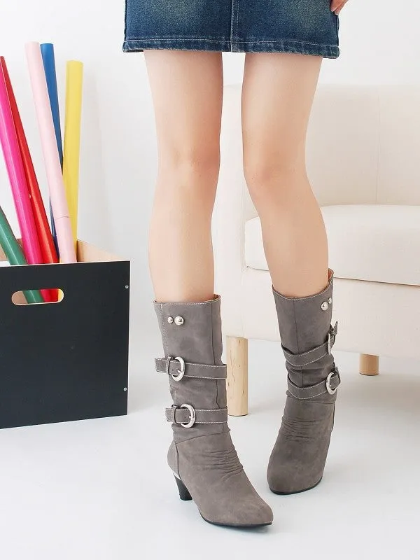 Plush lined wide calf mid heels boots with buckles