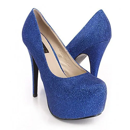 Royal Blue Glitter Almond Toe Stiletto Platform Pump Womens Heels
