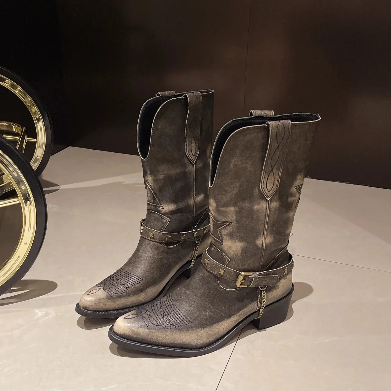 Sohiwoo New Vintage Cowgirls Western Boots For Women Metal Chain Cowboy Boots Fashion Music Festival Women Shoes Mid-Calf Boots