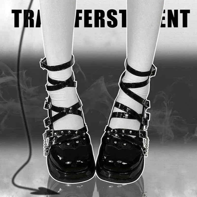 Sohiwoo Punk Style High Heels Pumps Women  Spring Thick Heeld Mary Janes Shoes Woman Plus Size 43 Black Gothic Platform Lolita Shoes