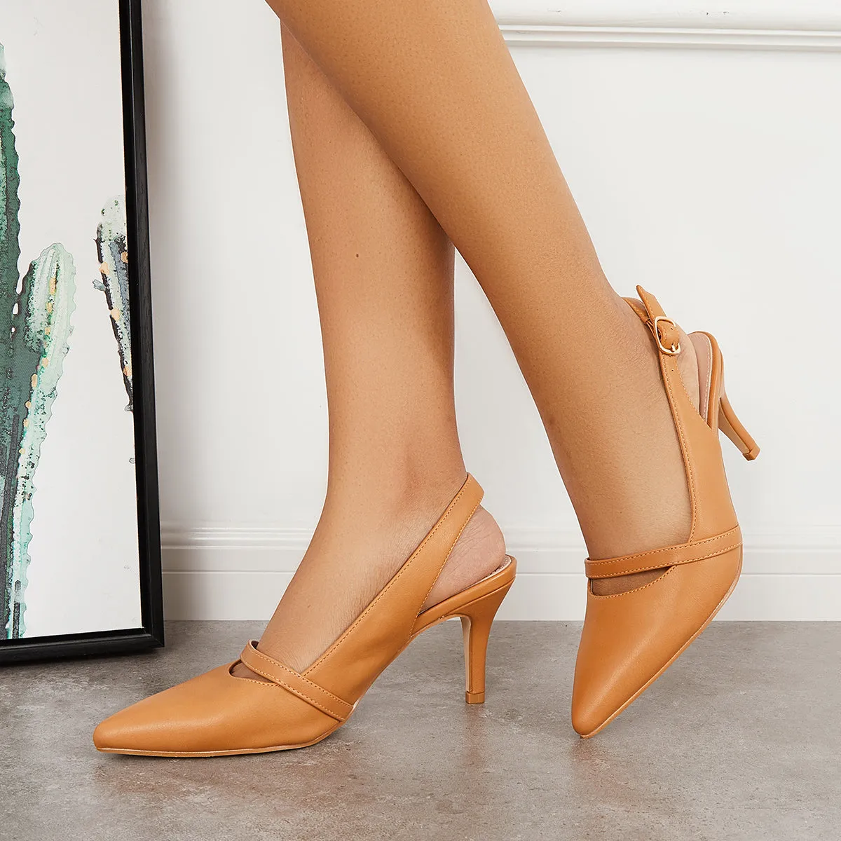 Sohiwoo Women Pointed Toe Stiletto Heel Slingback Pumps Ankle Strap Heeled Sandals