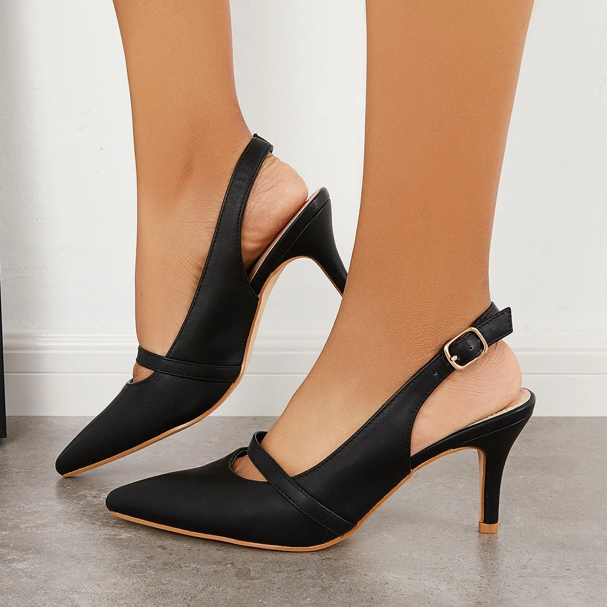 Sohiwoo Women Pointed Toe Stiletto Heel Slingback Pumps Ankle Strap Heeled Sandals