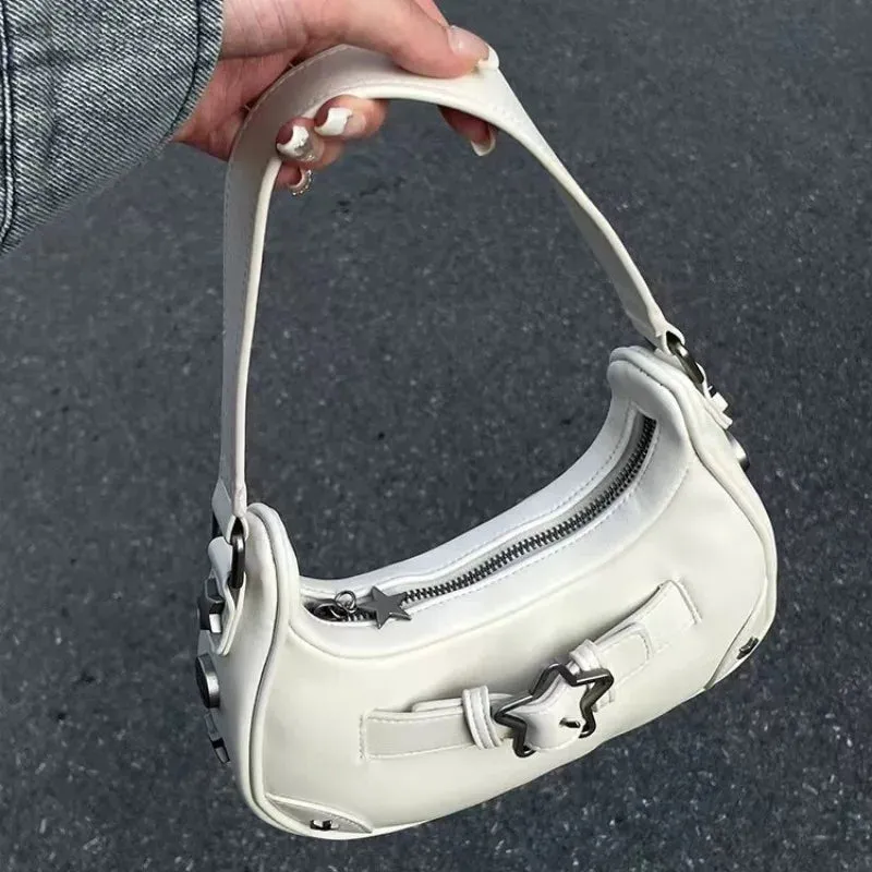 Sohiwoo Y2K Cool Korean Casual Cute Star Handbag Ladies Fashion Clutch Shoulder Bag PU Leather Women Vintage Underarm Tote Bag Zip Purse