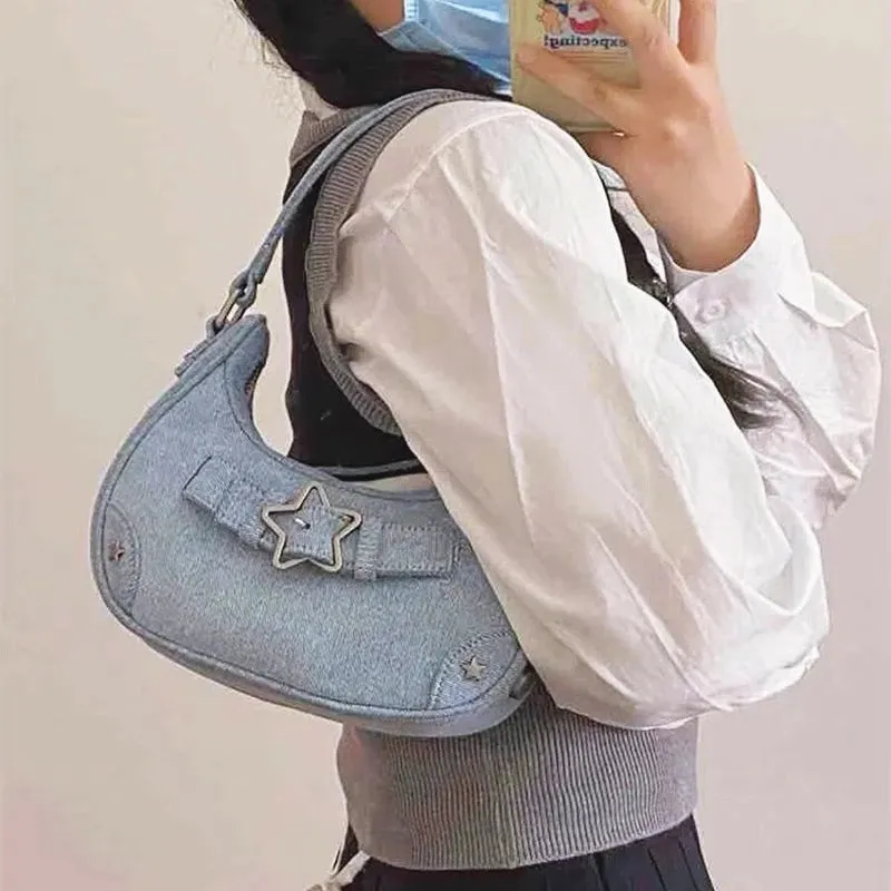 Sohiwoo Y2K Cool Korean Casual Cute Star Handbag Ladies Fashion Clutch Shoulder Bag PU Leather Women Vintage Underarm Tote Bag Zip Purse