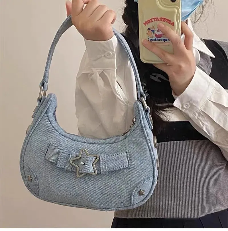 Sohiwoo Y2K Cool Korean Casual Cute Star Handbag Ladies Fashion Clutch Shoulder Bag PU Leather Women Vintage Underarm Tote Bag Zip Purse