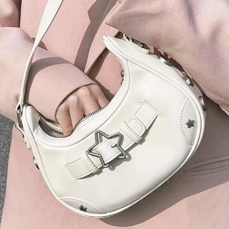 Sohiwoo Y2K Cool Korean Casual Cute Star Handbag Ladies Fashion Clutch Shoulder Bag PU Leather Women Vintage Underarm Tote Bag Zip Purse