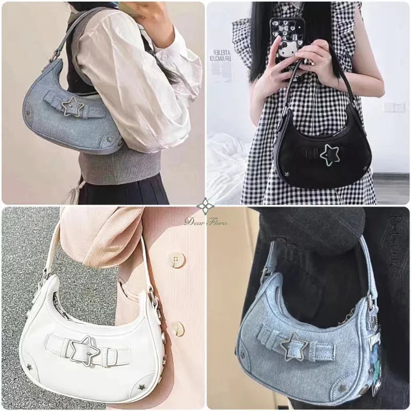 Sohiwoo Y2K Cool Korean Casual Cute Star Handbag Ladies Fashion Clutch Shoulder Bag PU Leather Women Vintage Underarm Tote Bag Zip Purse