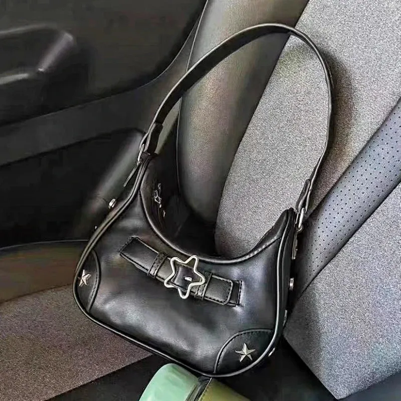 Sohiwoo Y2K Cool Korean Casual Cute Star Handbag Ladies Fashion Clutch Shoulder Bag PU Leather Women Vintage Underarm Tote Bag Zip Purse