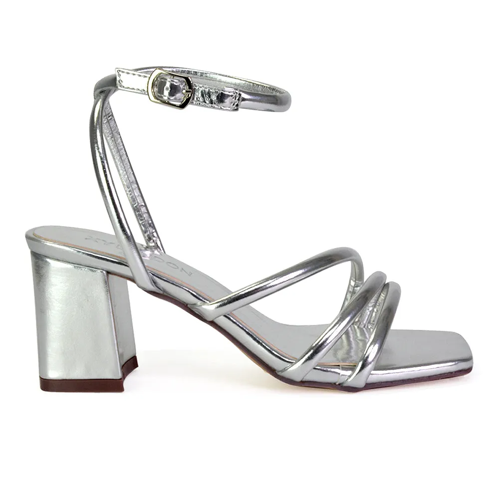 Trixie Square Toe Buckle Up Ankle Strappy Mid Block Heel Sandals in Silver
