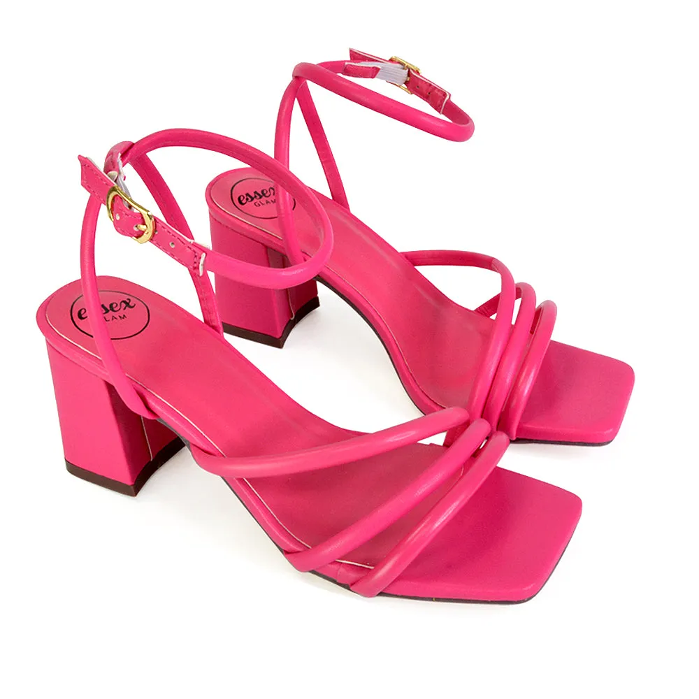 Trixie Square Toe Buckle Up Ankle Strappy Mid Block Heel Sandals in Silver