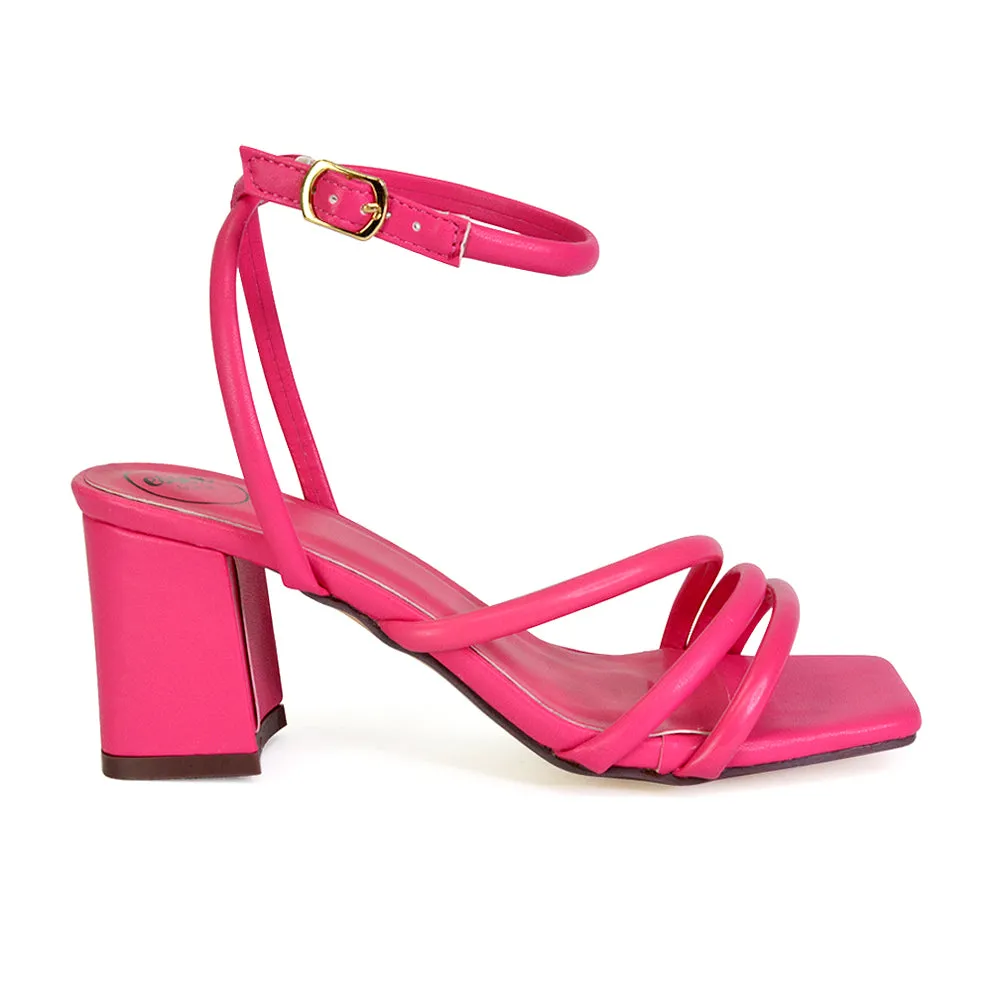 Trixie Square Toe Buckle Up Ankle Strappy Mid Block Heel Sandals in Silver