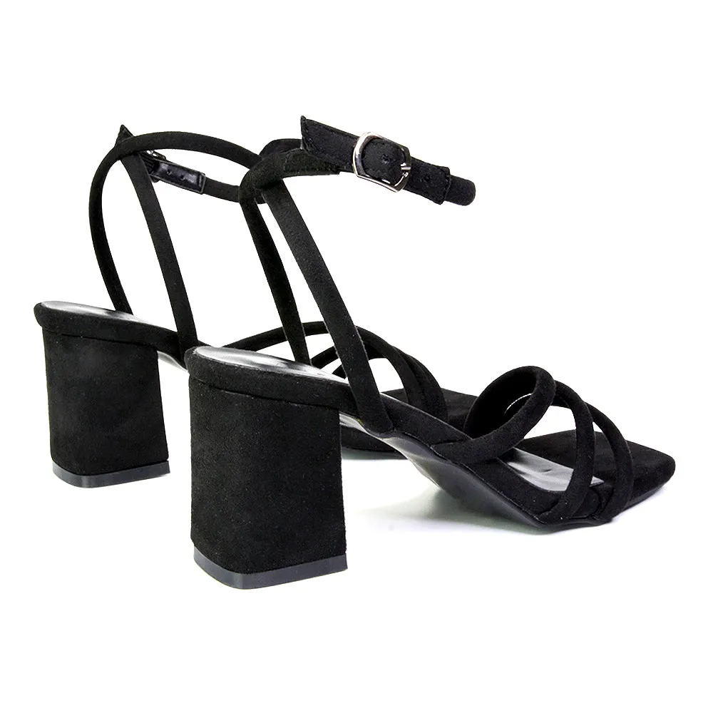 Trixie Square Toe Buckle Up Ankle Strappy Mid Block Heel Sandals in Silver