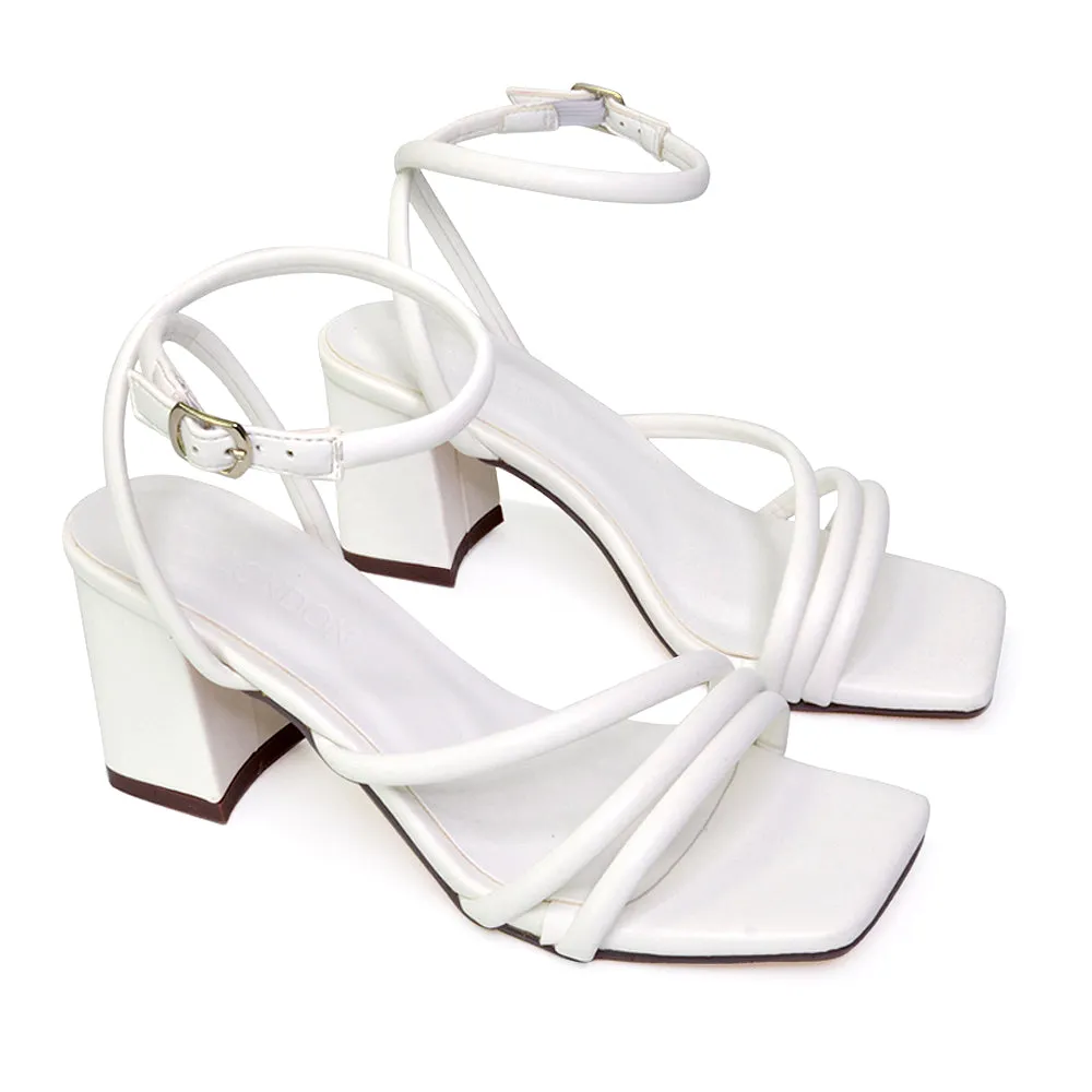 Trixie Square Toe Buckle Up Ankle Strappy Mid Block Heel Sandals in Silver