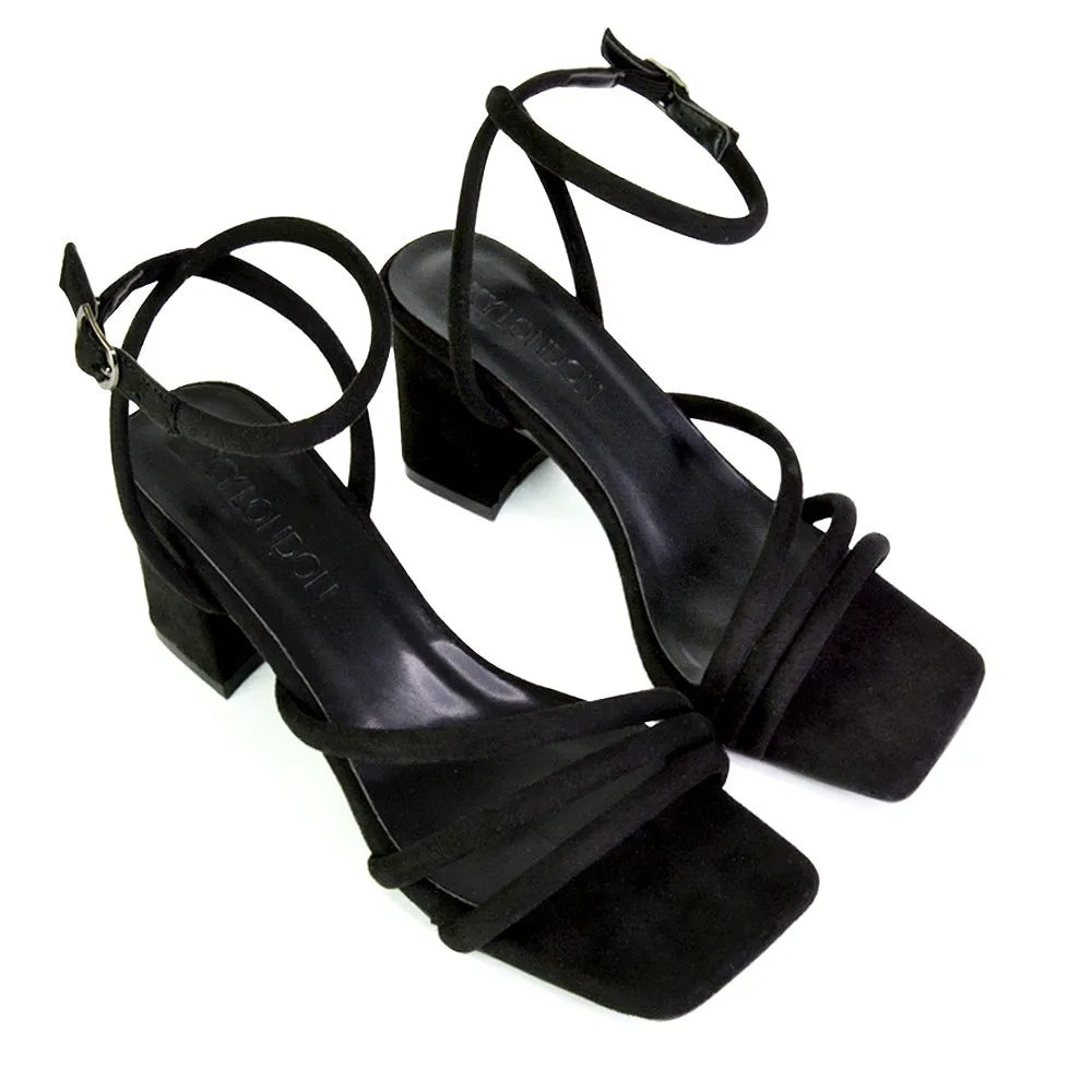Trixie Square Toe Buckle Up Ankle Strappy Mid Block Heel Sandals in Silver