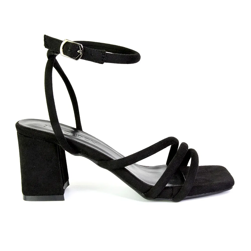 Trixie Square Toe Buckle Up Ankle Strappy Mid Block Heel Sandals in Silver