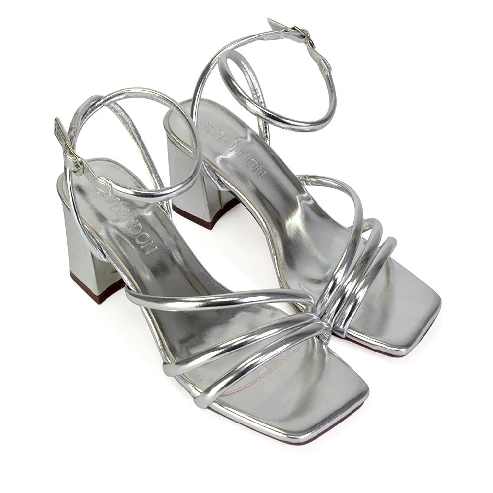 Trixie Square Toe Buckle Up Ankle Strappy Mid Block Heel Sandals in Silver