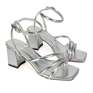Trixie Square Toe Buckle Up Ankle Strappy Mid Block Heel Sandals in Silver