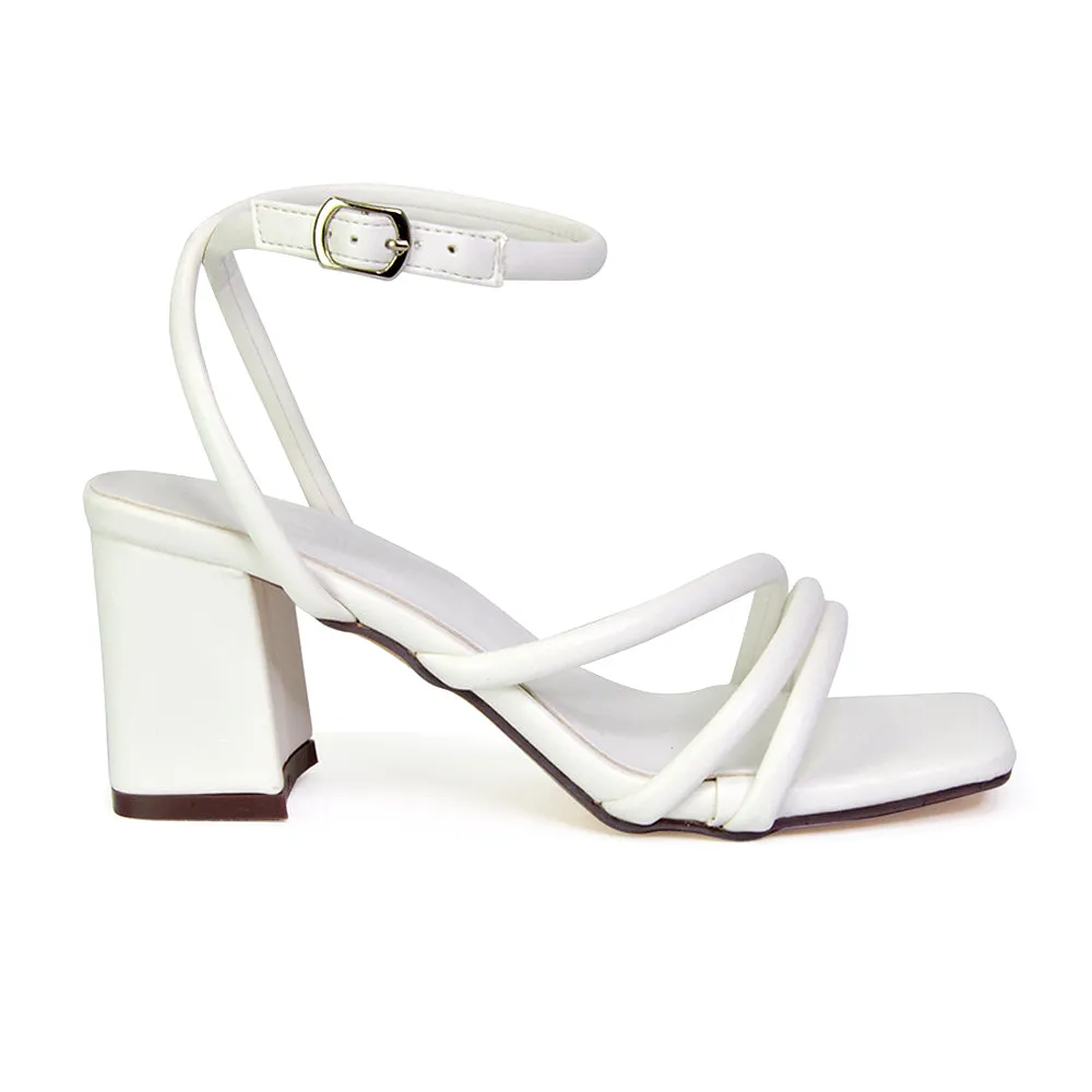 Trixie Square Toe Buckle Up Ankle Strappy Mid Block Heel Sandals in Silver