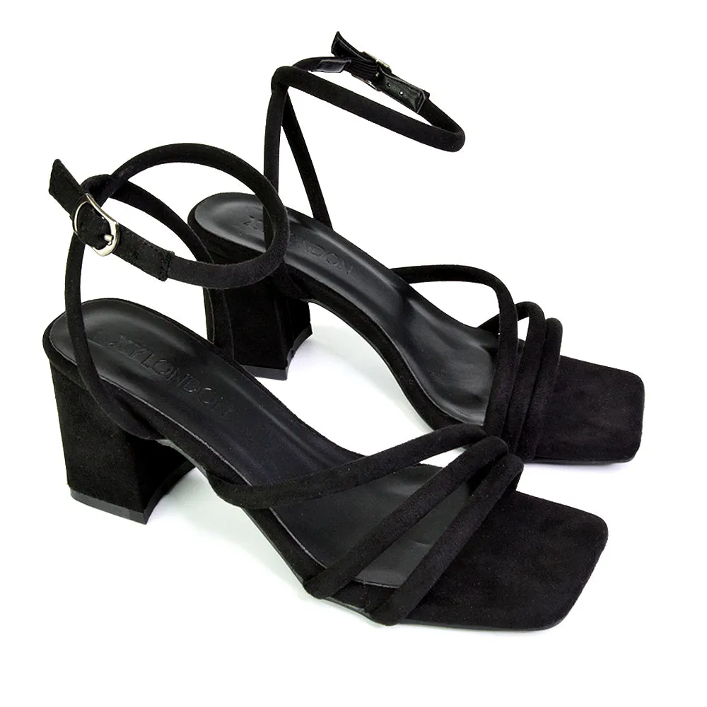 Trixie Square Toe Buckle Up Ankle Strappy Mid Block Heel Sandals in Silver