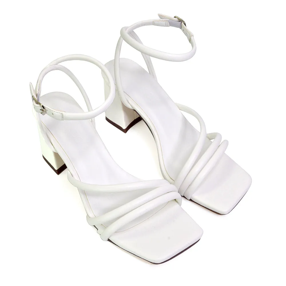 Trixie Square Toe Buckle Up Ankle Strappy Mid Block Heel Sandals in Silver