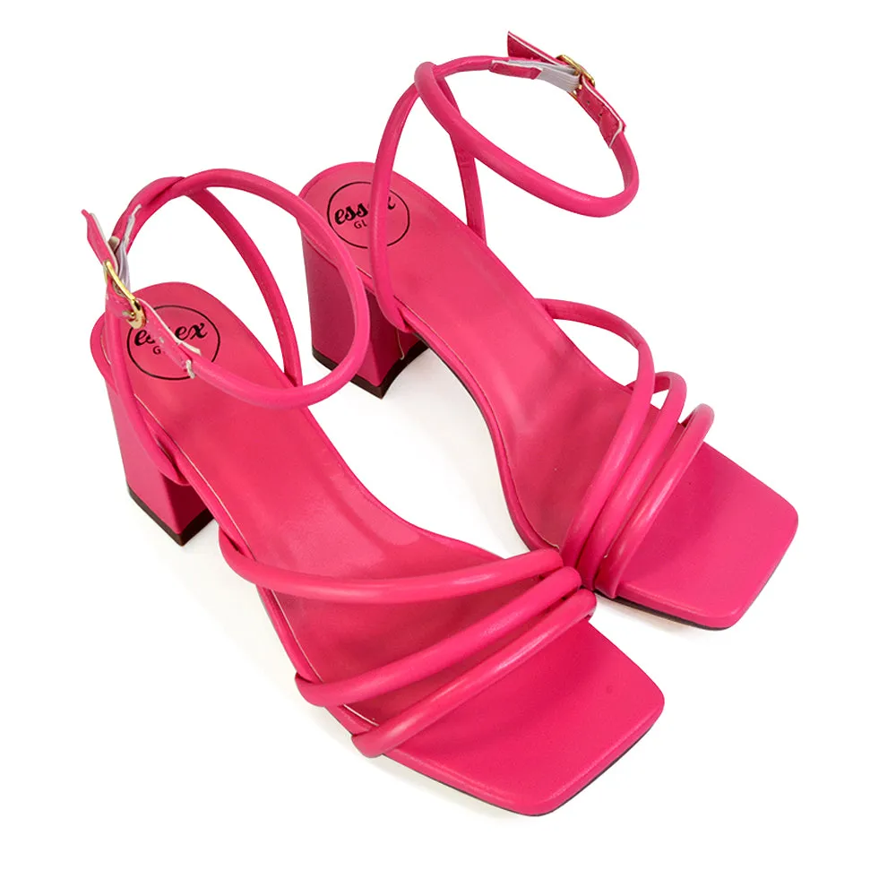 Trixie Square Toe Buckle Up Ankle Strappy Mid Block Heel Sandals in Silver