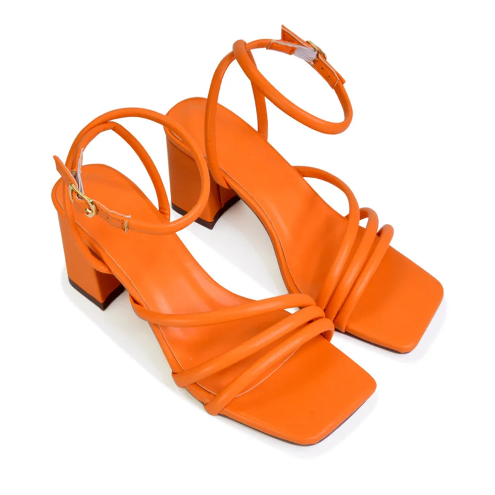 Trixie Square Toe Buckle Up Ankle Strappy Mid Block Heel Sandals in Silver