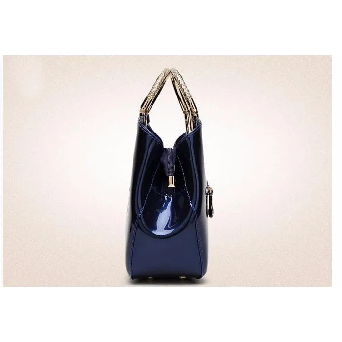 Women Shiny Glossy Faux-Leather Handbag with a Decorative Brass Buckle