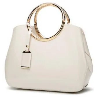 Women Shiny Glossy Faux-Leather Handbag with a Decorative Brass Buckle