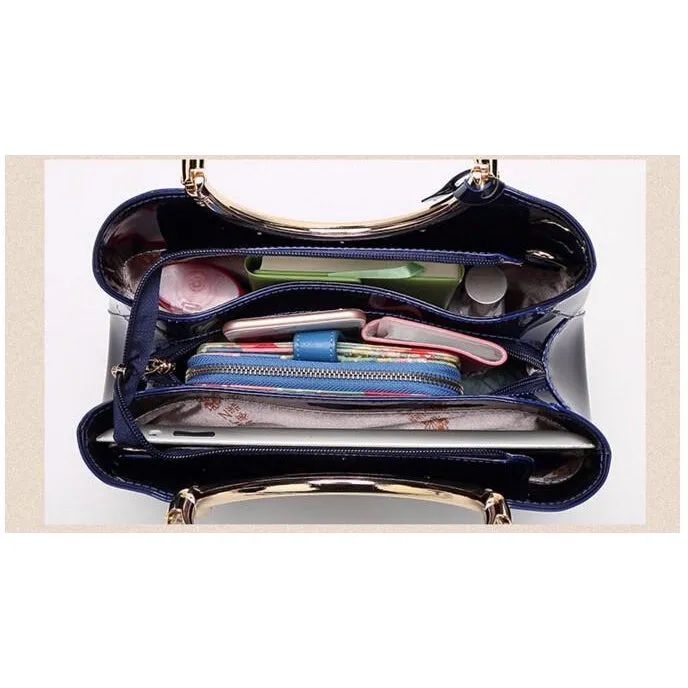 Women Shiny Glossy Faux-Leather Handbag with a Decorative Brass Buckle
