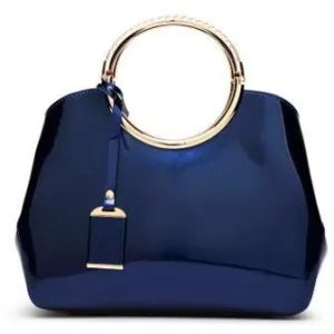Women Shiny Glossy Faux-Leather Handbag with a Decorative Brass Buckle