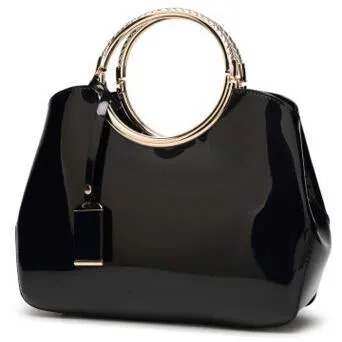 Women Shiny Glossy Faux-Leather Handbag with a Decorative Brass Buckle