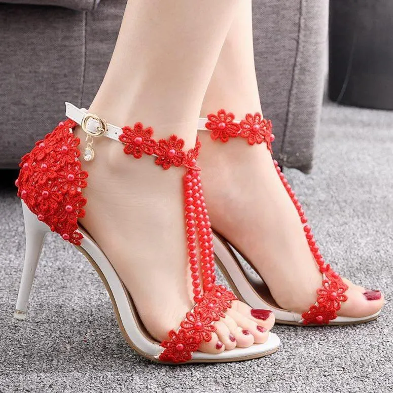 Women's floral lace pearls peep toe stiletto wedding sandals 4.3"