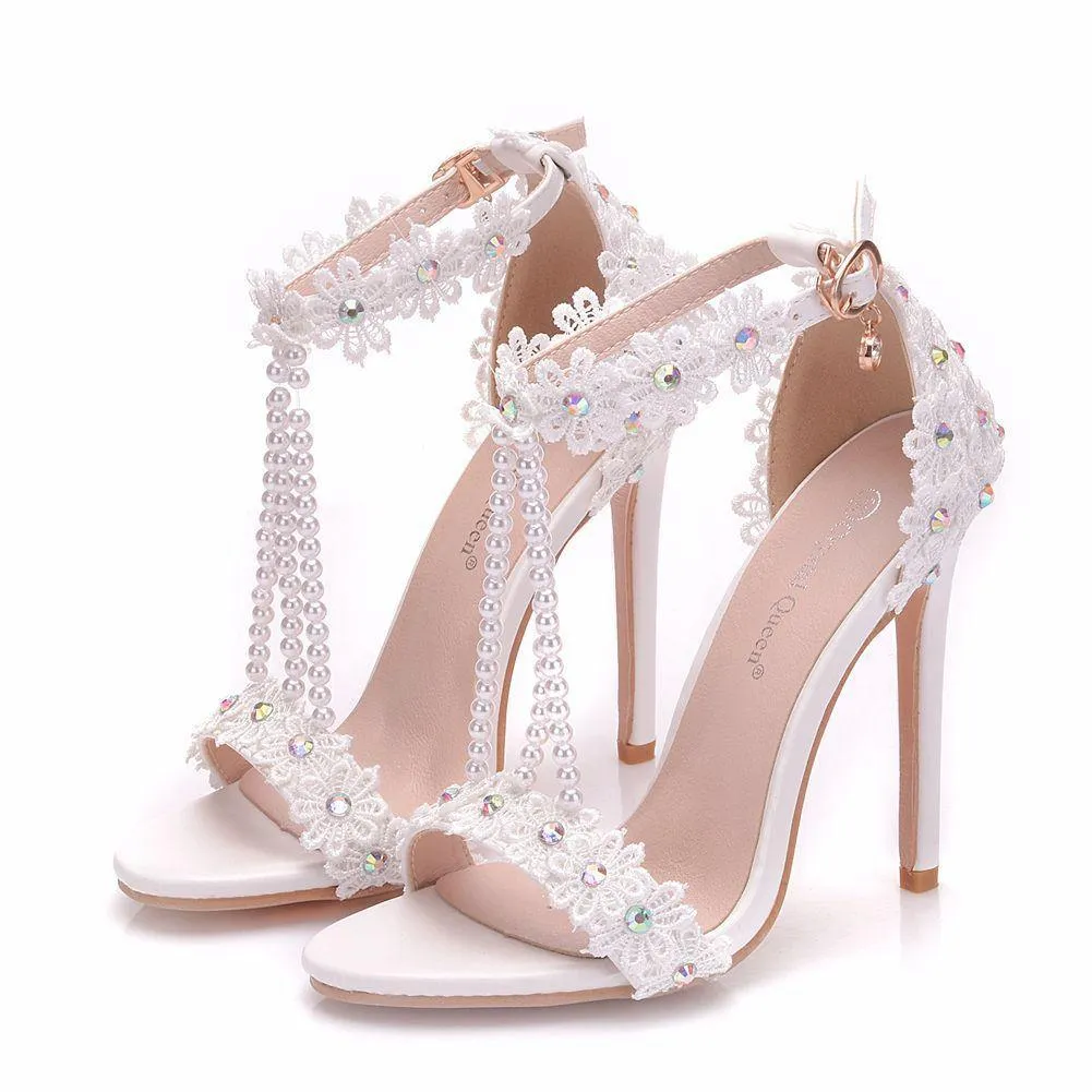 Women's floral lace pearls peep toe stiletto wedding sandals 4.3"