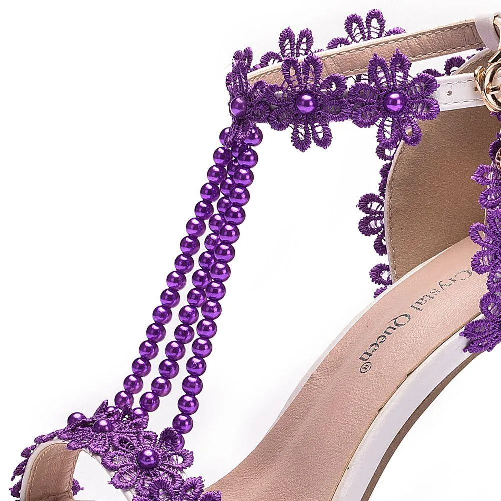 Women's floral lace pearls peep toe stiletto wedding sandals 4.3"