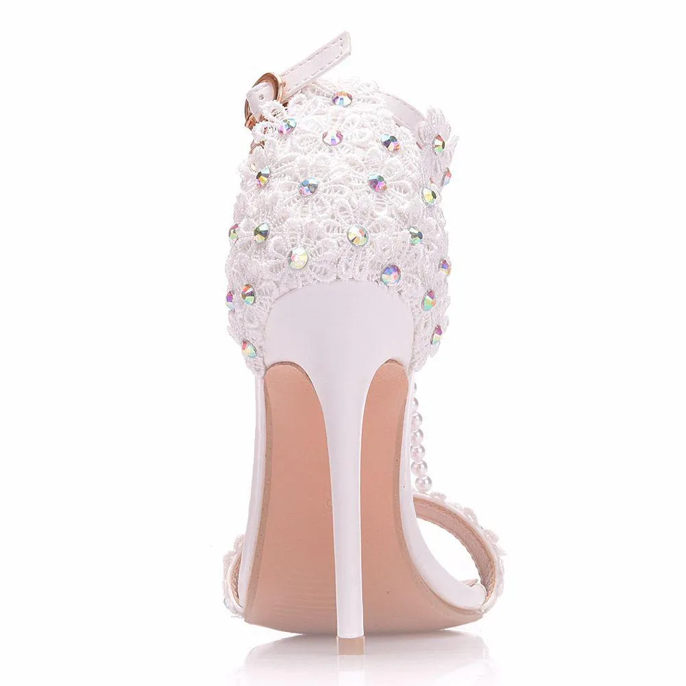 Women's floral lace pearls peep toe stiletto wedding sandals 4.3"