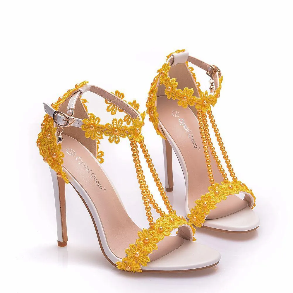 Women's floral lace pearls peep toe stiletto wedding sandals 4.3"