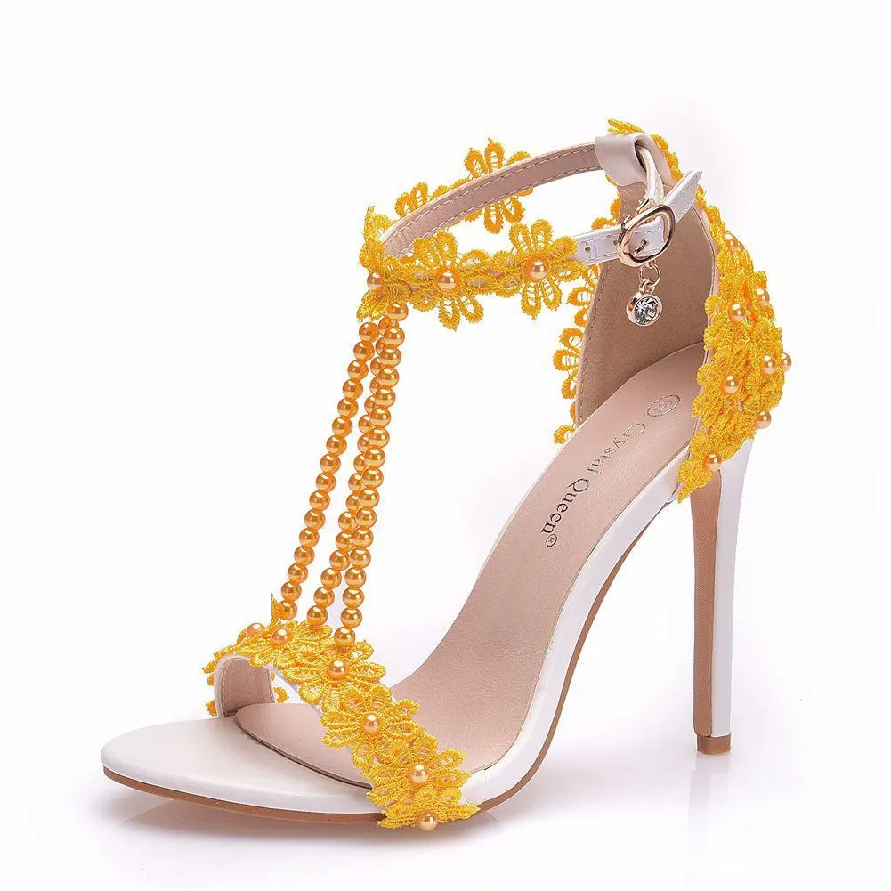 Women's floral lace pearls peep toe stiletto wedding sandals 4.3"