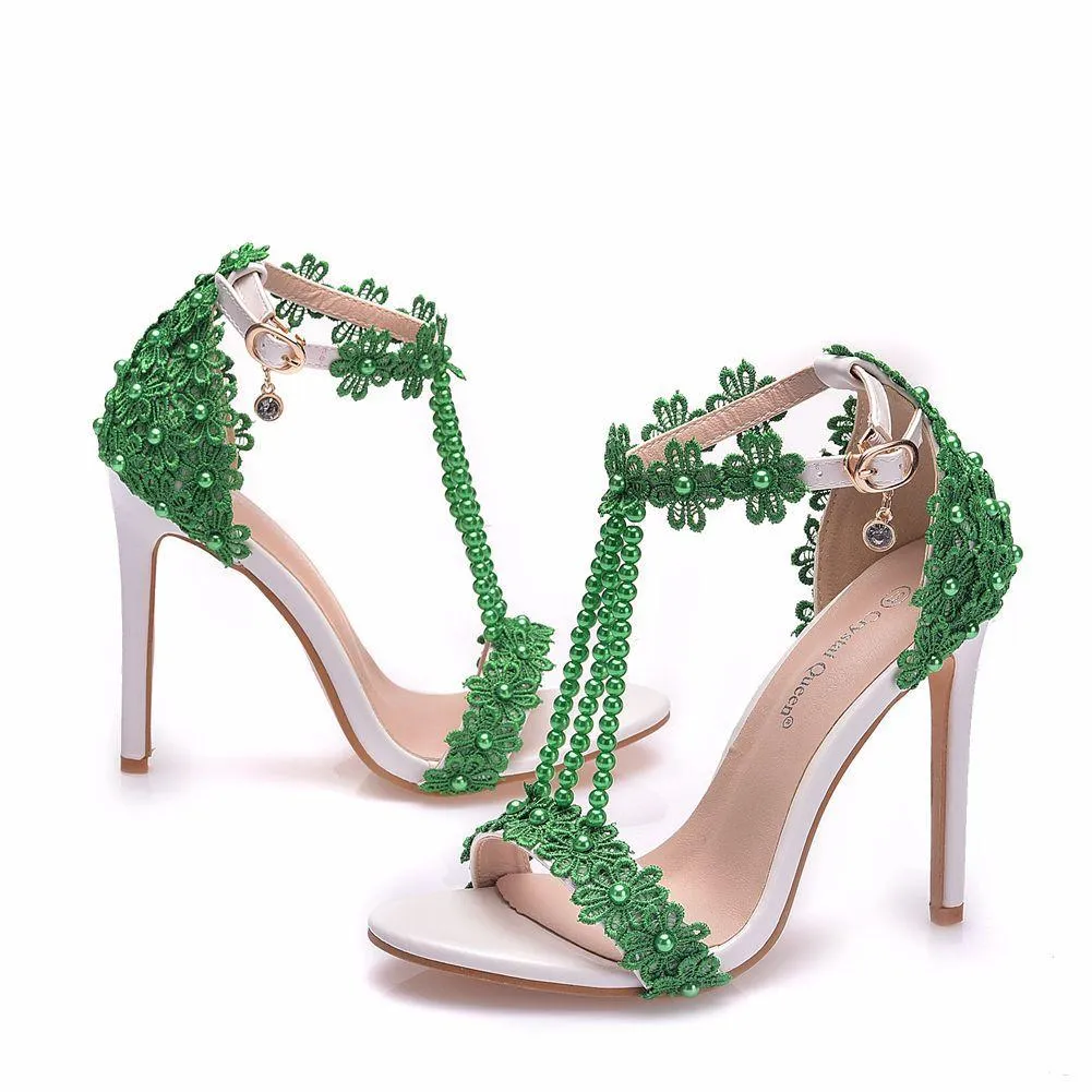 Women's floral lace pearls peep toe stiletto wedding sandals 4.3"