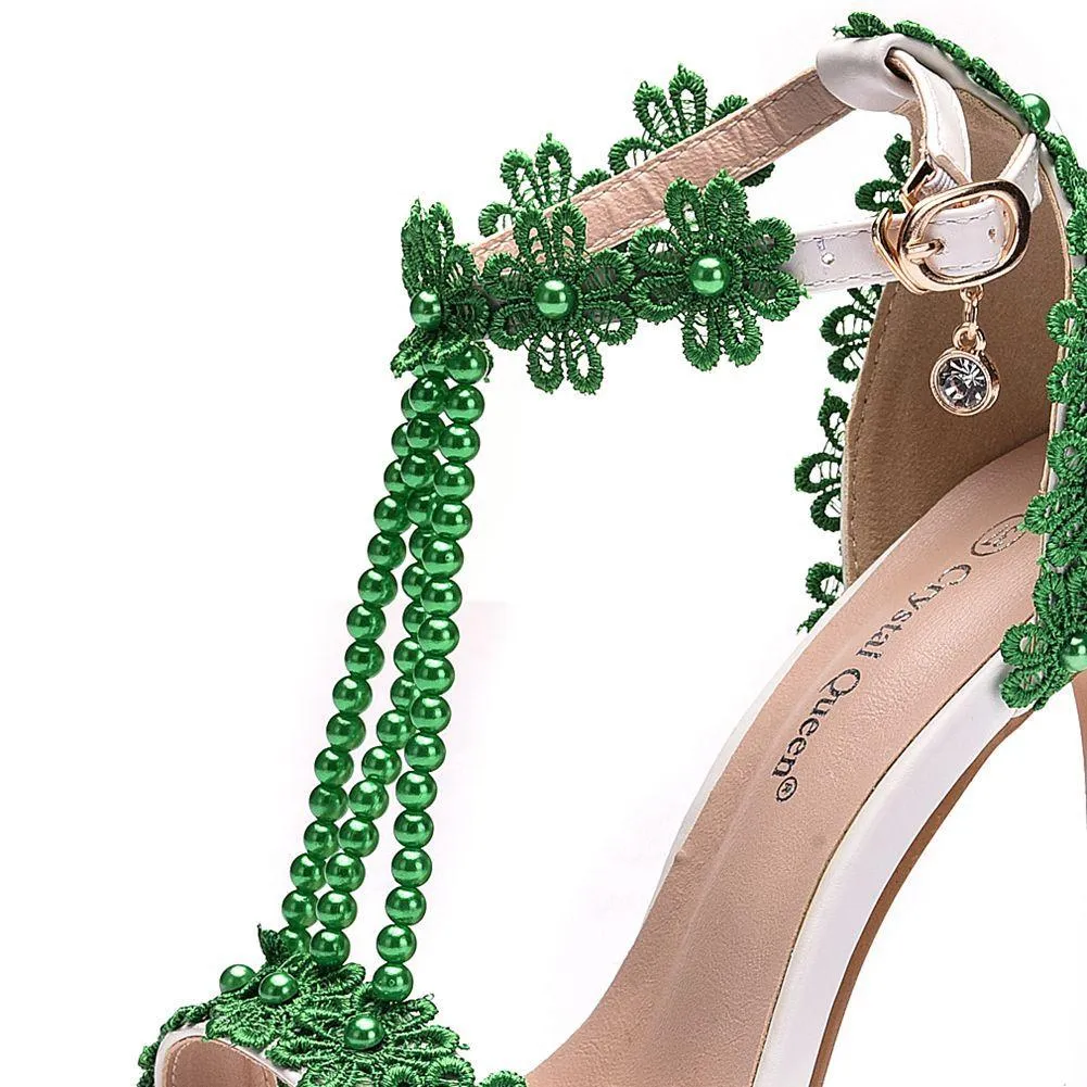 Women's floral lace pearls peep toe stiletto wedding sandals 4.3"