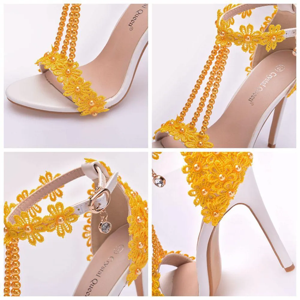 Women's floral lace pearls peep toe stiletto wedding sandals 4.3"