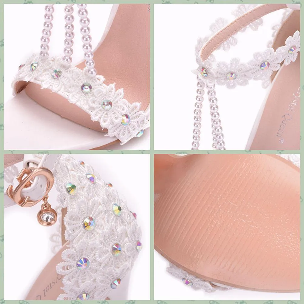 Women's floral lace pearls peep toe stiletto wedding sandals 4.3"
