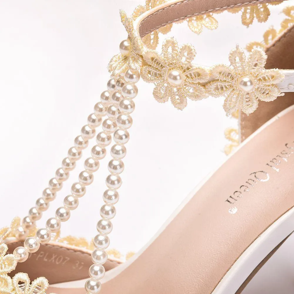Women's floral lace pearls peep toe stiletto wedding sandals 4.3"