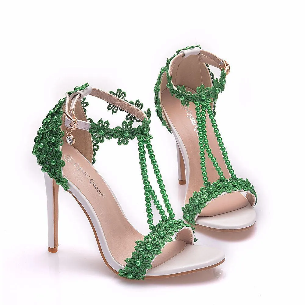 Women's floral lace pearls peep toe stiletto wedding sandals 4.3"