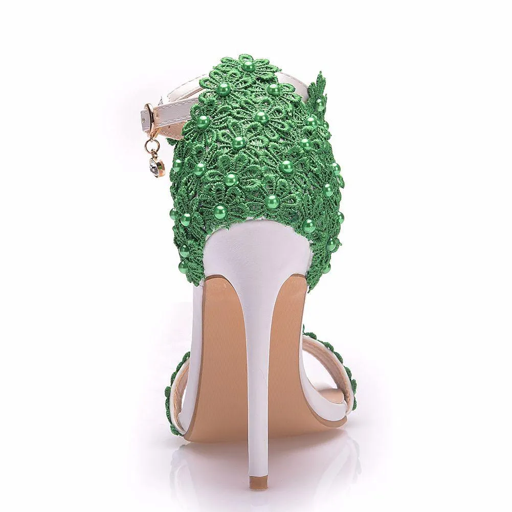 Women's floral lace pearls peep toe stiletto wedding sandals 4.3"