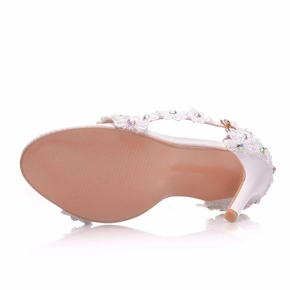 Women's floral lace pearls peep toe stiletto wedding sandals 4.3"
