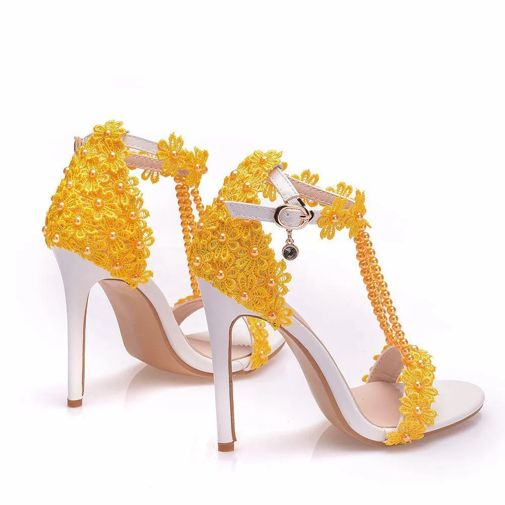 Women's floral lace pearls peep toe stiletto wedding sandals 4.3"