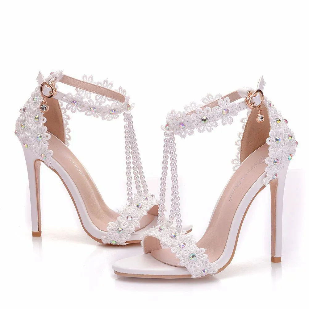 Women's floral lace pearls peep toe stiletto wedding sandals 4.3"